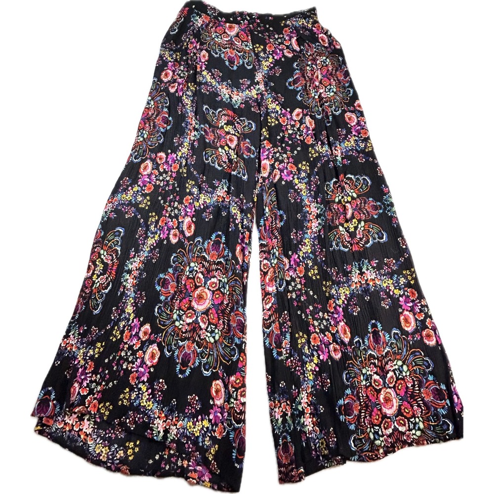I The Wild Women's L Floral Palazzo Pants Wide Leg Boho Black Multicolor Rayon